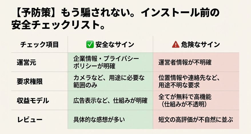 運営元、要求権限、収益モデル、レビューの4項目について、安全なサインと危険なサインを比較した表形式のスライド 。