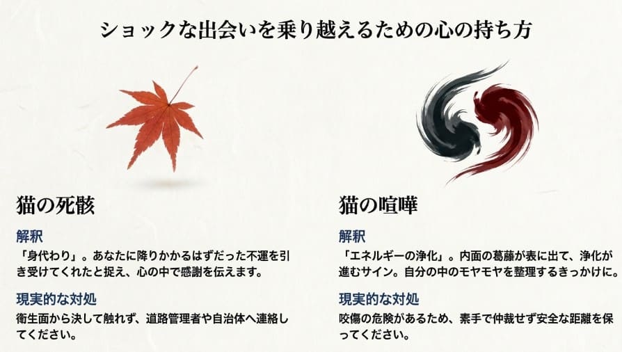 赤い紅葉と勾玉のような抽象的なイラスト。猫の死骸は「身代わり」、喧嘩は「エネルギーの浄化」と捉える解釈を説明したスライド。
