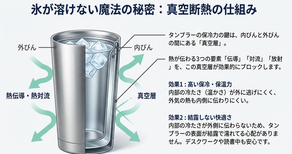 真空断熱層が熱伝導・熱対流・放射をブロックし、保冷効果を高めて結露を防ぐ仕組みの解説図