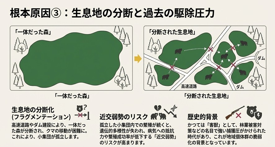 高速道路やダム建設によって一体だった森が分断され、クマの移動が阻害されることで小集団が孤立してしまう様子のイメージ図 。