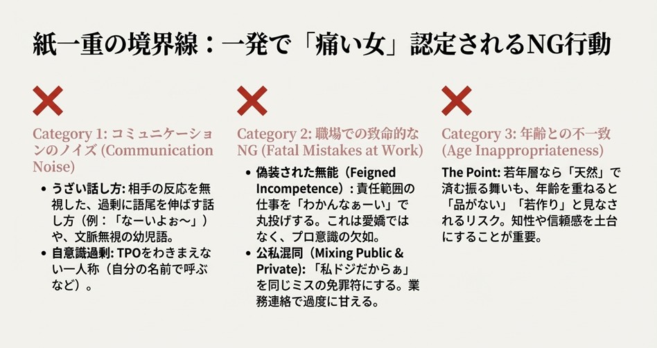 避けるべきNG行動を3つに分類。コミュニケーションのノイズ（うざい話し方）、職場での致命的なミス（責任放棄の丸投げ）、年齢との不一致。知性と信頼感を土台にすることの重要性を警告している。