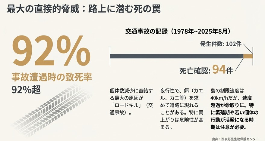 1978年から2025年までの交通事故記録。発生件数102件に対し死亡確認が94件あり、事故遭遇時の致死率が92%を超えることを示す円グラフと解説。