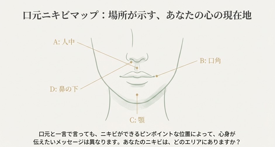 口周りのニキビの位置を示すイラストマップ（A:人中、B:口角、C:顎、D:鼻の下）
