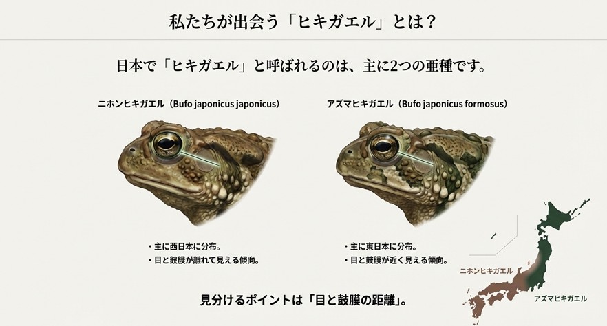 ニホンヒキガエルとアズマヒキガエルの顔のアップ比較画像。鼓膜と目の距離が離れているか近いかという識別ポイントを示した図。