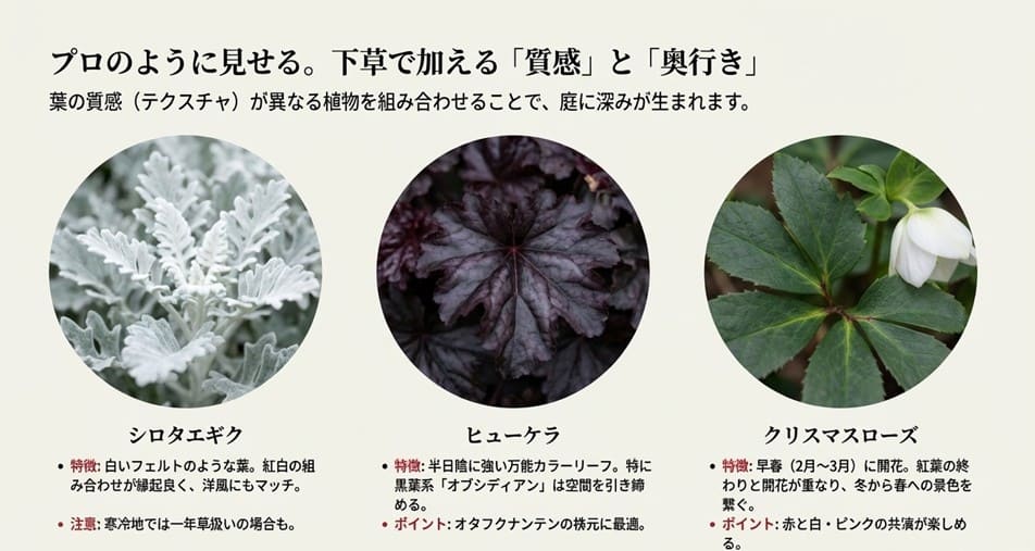 白いフェルトのようなシロタエギク、黒葉のヒューケラ、白いクリスマスローズなど、オタフクナンテンと質感が異なる下草の拡大写真。