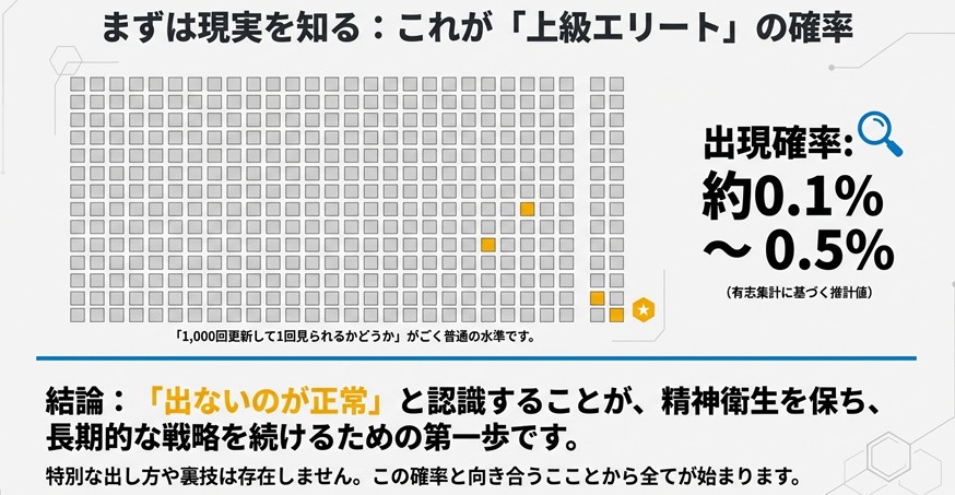 上級エリートの出現確率は約0.1%から0.5%であり、1000回更新して1回出るかどうかという確率の現実を示したスライド。