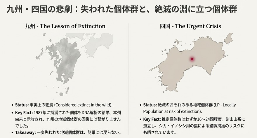 九州地方と四国地方の地図。九州は事実上の絶滅、四国は剣山山系のごく一部にのみ生息していることを示す分布イメージ 。