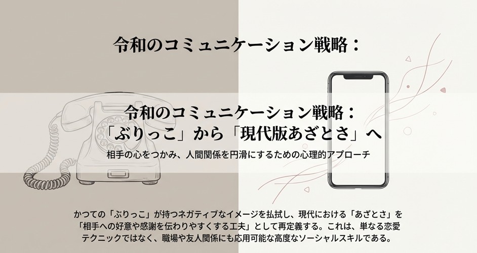 令和のコミュニケーション戦略の表題スライド。かつてのネガティブな「ぶりっこ」を、相手への好意や感謝を伝える「現代版あざとさ」として再定義し、職場や友人関係でも使えるソーシャルスキルであることを示している。