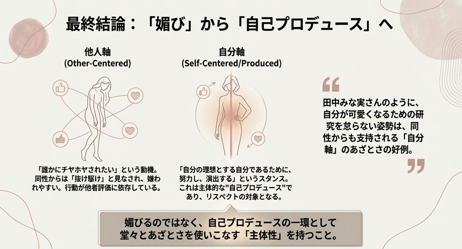 他人からの評価に依存する「他人軸」の振る舞いと、自分の理想のために努力する「自分軸」のあざとさを比較。田中みな実さんを例に、主体性を持った自己プロデュースとしてのあざとさが支持される理由を図解している。