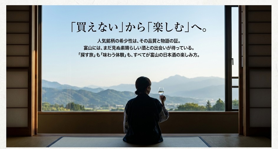 「買えない」から「楽しむ」へ意識を変え、探す旅や味わう体験を含めて富山の日本酒を楽しもうというメッセージ。