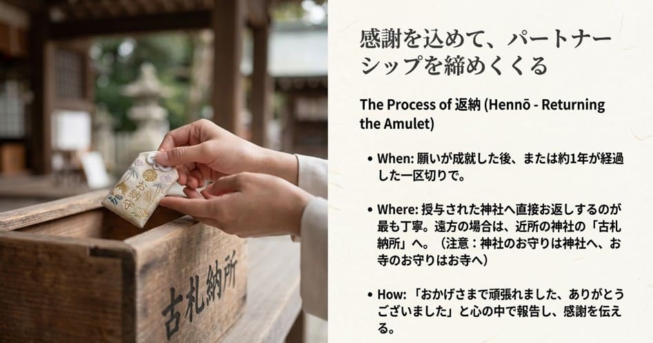 お守りを返納するタイミング(願いが叶った後や約1年後)、返納場所(授与された神社や古札納所)、そして感謝を伝える際のマナーをまとめたスライド。