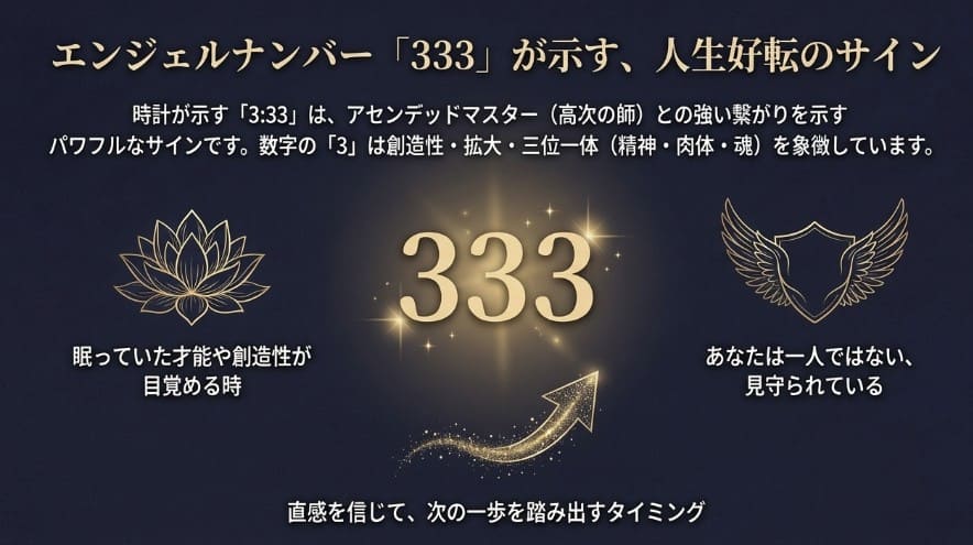 輝く333の数字と、アセンデッドマスターとの繋がりや才能開花を解説するスライド