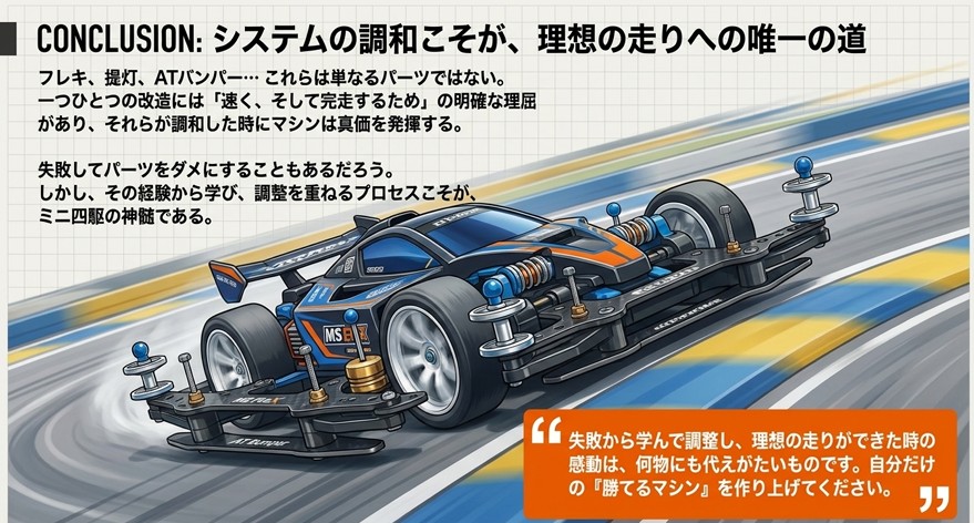 複数のシステムが組み合わさって完成したマシンのシルエット。「システムの調和こそが、理想の走りへの唯一の道」というメッセージが書かれたスライド。