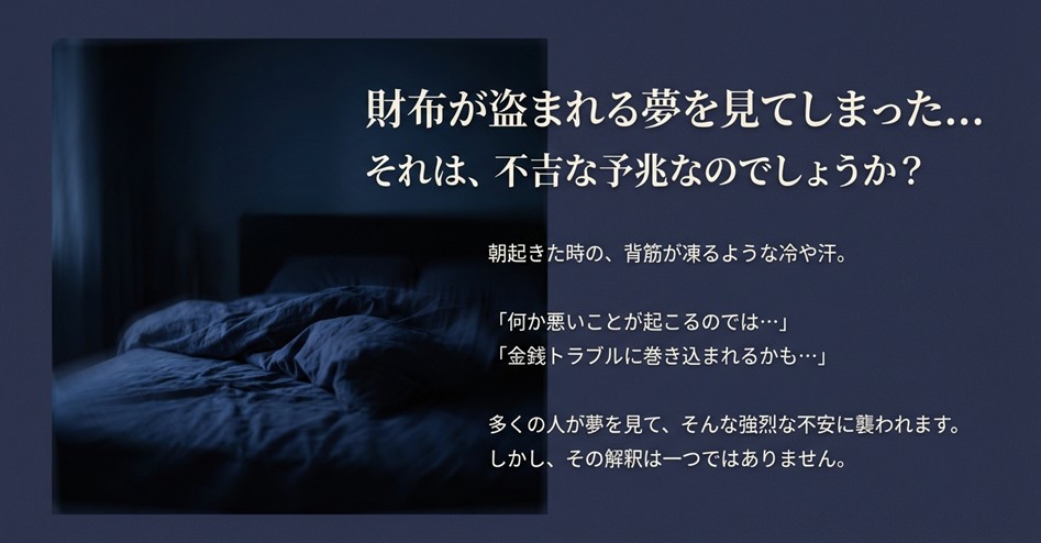 財布が盗まれる夢を見て「悪いことが起きるのでは」と冷や汗をかいて不安になっている様子のイラスト。
