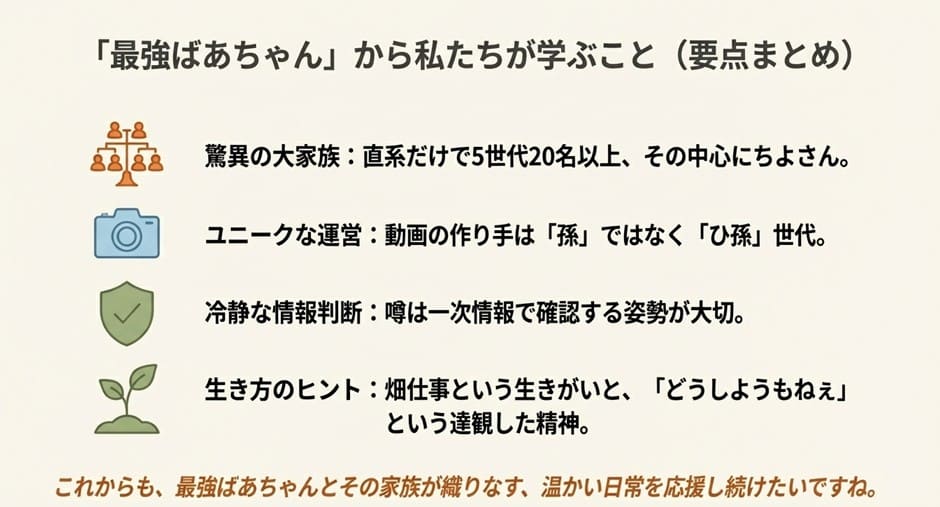 大家族の構成、運営体制、情報の判断基準、生き方のヒントなどの記事要点をまとめたスライド