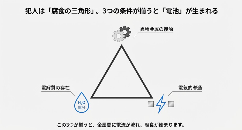 異種金属の接触、電解質の存在、電気的導通の3要素が揃うことで腐食が発生することを示すトライアングルの図解。