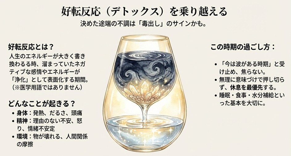 グラスの中の水が浄化されていくようなイラスト。決断後に起きる発熱や不安を、ネガティブなエネルギーの浄化期間として捉え、休息の重要性を説く解説図。