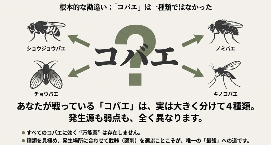 コバエと呼ばれる虫は主にショウジョウバエ、チョウバエ、ノミバエ、キノコバエの4種類に分類される