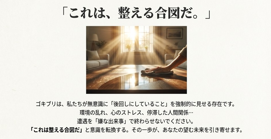 ゴキブリとの遭遇を嫌な出来事で終わらせず、生活と心を整える合図として捉えるためのメッセージ