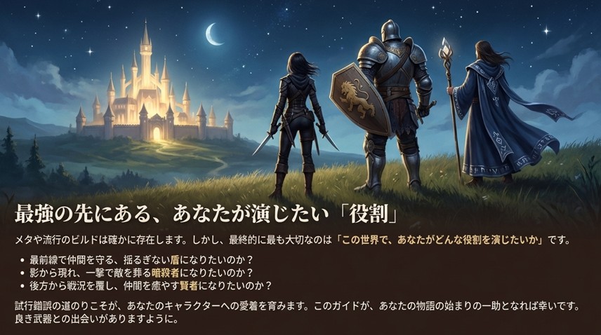 メタや最強ビルドだけでなく、自分がどのような役割（タンク、アサシン、ヒーラー）でプレイしたいかを重視することの大切さを伝えるメッセージ