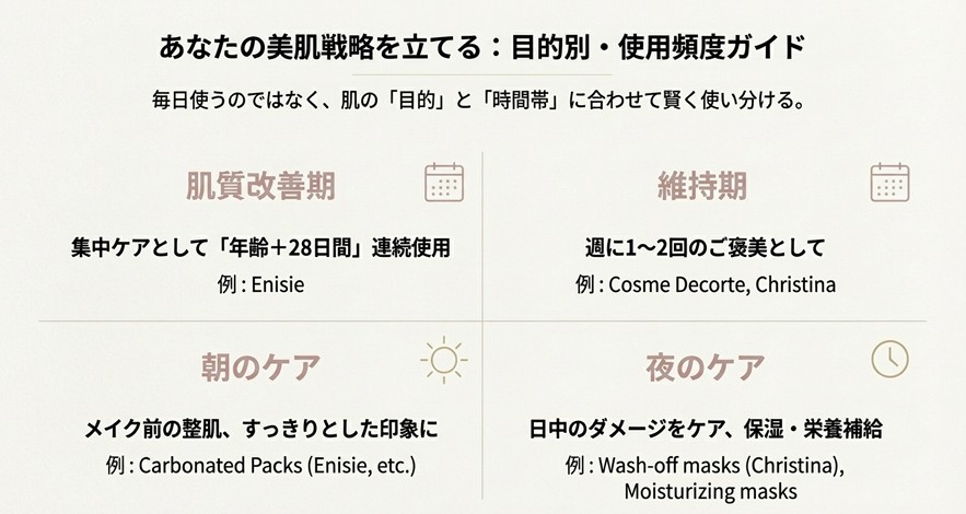 美肌戦略を立てるためのパック使用スケジュール。肌質改善期、維持期、朝と夜の使い分けを示したチャート