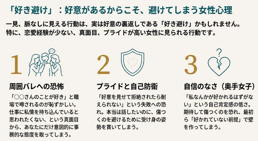 周囲への恐怖、プライド、自信のなさなど、好き避けの原因となる心理メカニズムの図解