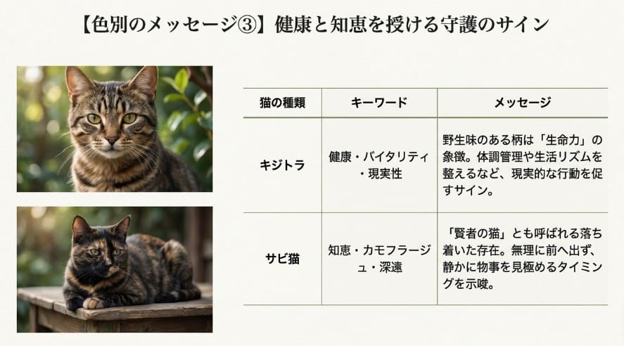 キジトラ猫とサビ猫の写真。キジトラは「生命力・健康」、サビ猫は「知恵・カモフラージュ」を意味する表形式の解説スライド。