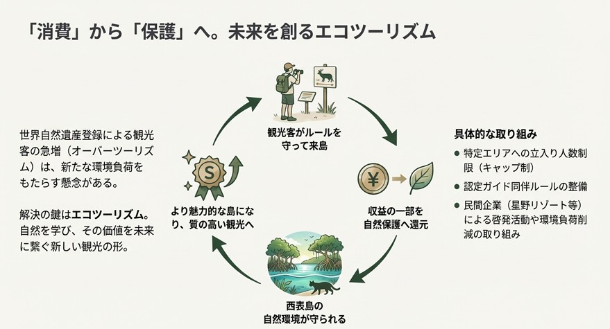 観光客がルールを守って来島し、その収益が自然保護へ還元され、西表島の自然環境が守られるという「消費から保護へ」のサイクルを示した図。