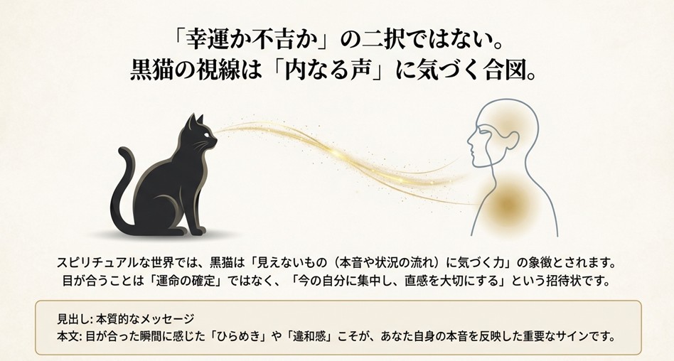 人の横顔のシルエット。「幸運か不吉かの二択ではない。黒猫の視線は『内なる声』に気づく合図」というスピリチュアルな解説図。
