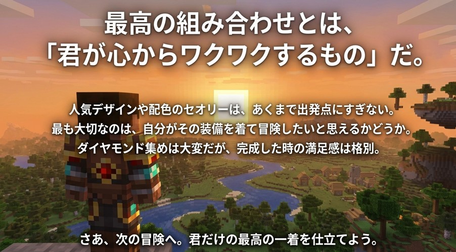 「最高の組み合わせとは、君が心からワクワクするものだ」というメッセージが書かれた、マイクラの冒険と装備作成を促すまとめ画像。