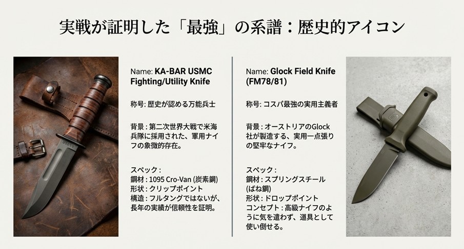 第二次世界大戦で採用されたKA-BARナイフと、オーストリアのGlock製フィールドナイフの写真およびスペック紹介。