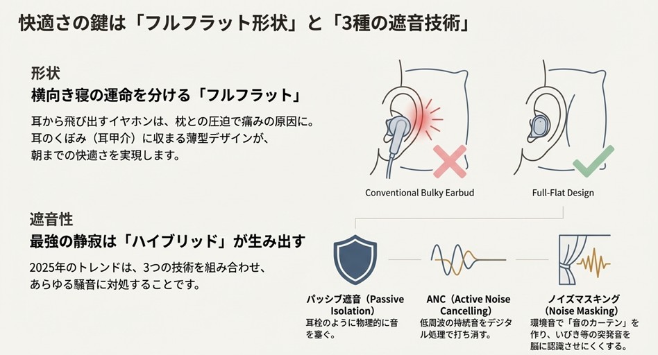 寝ホン 横向き 痛くない フルフラット形状 ノイズキャンセリング マスキング 仕組み