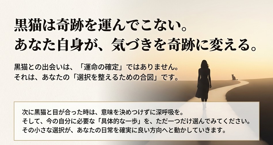 「黒猫は奇跡を運んでこない。あなた自身が、気づきを奇跡に変える」というメッセージテキスト。運命の確定ではなく、選択を整える合図であるというまとめ。