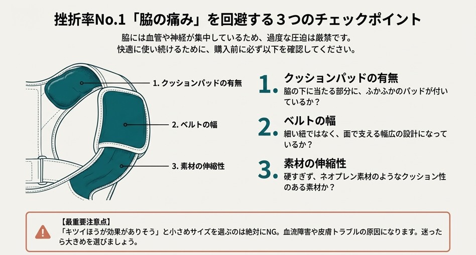 ベルト選びで確認すべきクッションパッドの有無、ベルトの幅、素材の伸縮性を図解したイラスト。サイズ選びの注意点も記載。