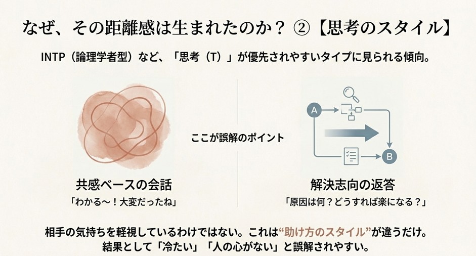 共感ベースの会話（F型）と解決志向の返答（T型）の違いを示すフローチャート。助け方のスタイルが違うだけで冷たいわけではないことを説明する図。