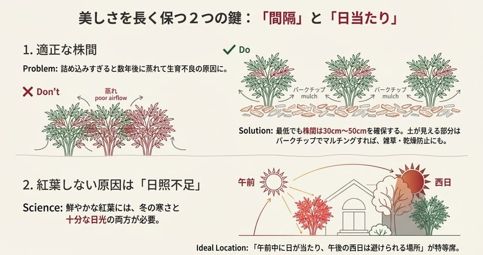 オタフクナンテンを詰め込みすぎて蒸れている悪い例（Don't）と、適切な株間を空けてバークチップでマルチングした良い例（Do）の比較イラスト。