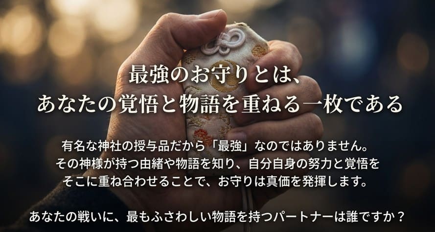 「最強のお守りとは、あなたの覚悟と物語を重ねる一枚である」という核心的なメッセージと共に、自分にふさわしいお守りを選ぶ意義を問いかけるスライド。
