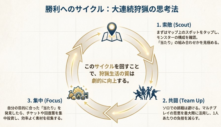 狩猟生活の質を向上させる勝利へのサイクル。「索敵」で当たりを見極め、「共闘」でマルチの恩恵を受け、「集中」でチケットを投資する、という一連の流れの図解。