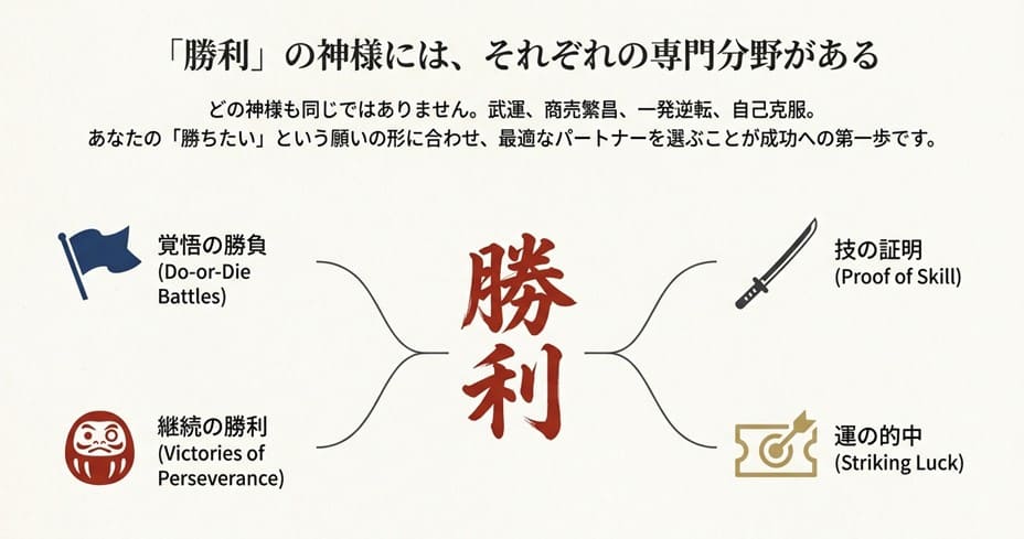勝利の神様を「覚悟の勝負」「継続の勝利」「技の証明」「運の的中」の4つのタイプに分類し、自分の願いの形に合わせて最適なパートナーを選ぶ重要性を解説した図解スライド。