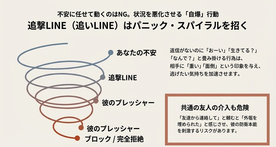 不安からくる追撃LINEや友人の介入が、相手の拒絶を招く悪循環の図