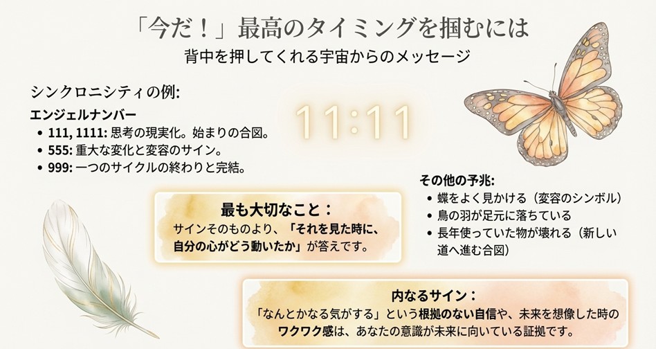 羽ばたく蝶のイラスト。111、555などのエンジェルナンバーの意味や、蝶や物が壊れる現象を「変化の予兆」として紹介しているスライド。