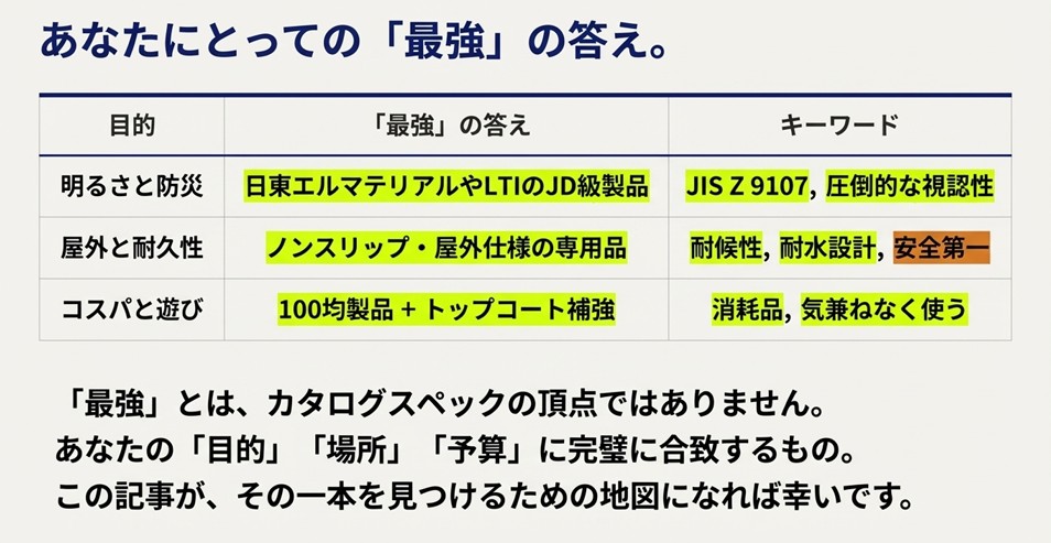 明るさと防災ならJD級、屋外と耐久性なら専用品、コスパと遊びなら100均製品という目的別の選び方まとめ