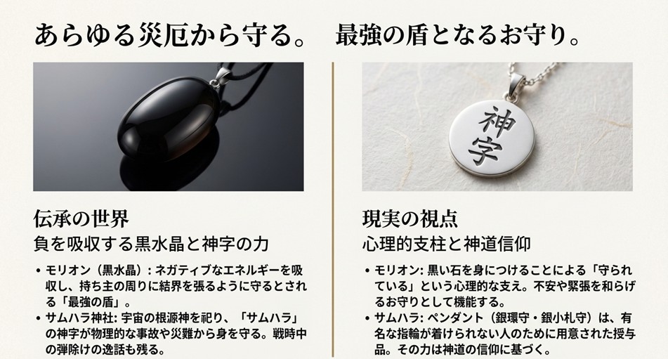 負を吸収する黒水晶（モリオン）とサムハラ神社の神字ペンダントによる厄除け効果と心理的効果の解説