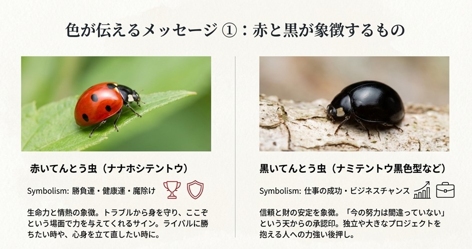 赤いてんとう虫は勝負運や魔除け、黒いてんとう虫は仕事の成功やビジネスチャンスを象徴する
