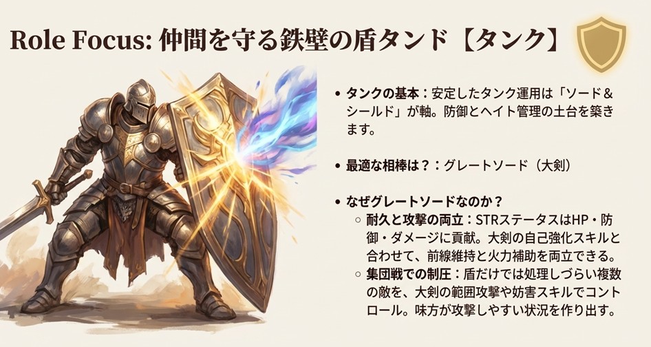 パーティの盾となるタンクの最適解。ソード＆シールドで防御し、グレートソードでヘイト管理と火力を両立する構成の解説