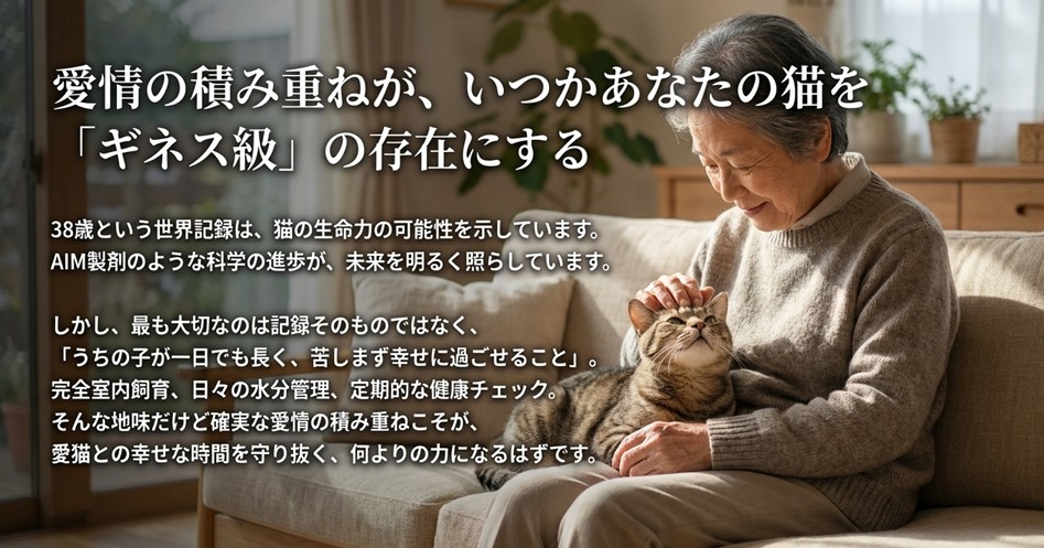 「最も大切なのは記録ではなく、幸せに過ごせること」というメッセージと、窓辺でリラックスして眠る猫の写真。