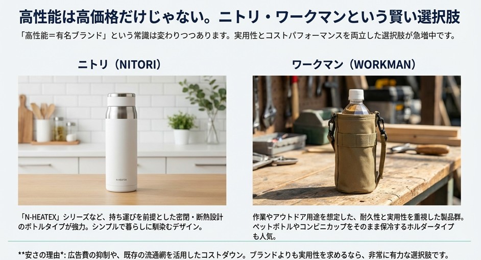ニトリのN-HEATEXシリーズやワークマンの保冷ホルダーなど、実用性とコスパを重視したタンブラー製品の紹介と安さの理由