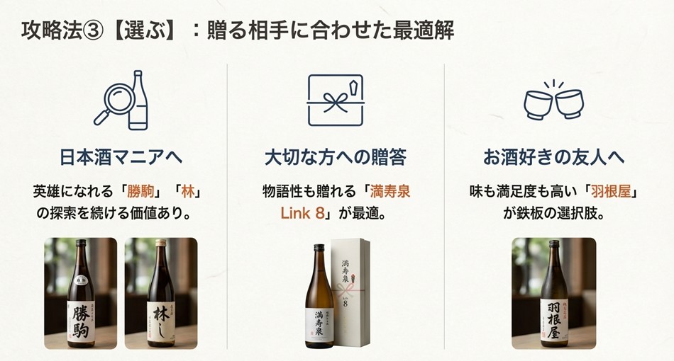 日本酒マニアには勝駒や林、大切な贈答には満寿泉Link8、友人には羽根屋など、相手別の銘柄選びを示した図。