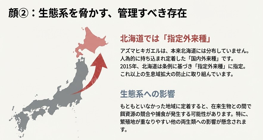 本来生息していなかった北海道に持ち込まれ、指定外来種として生息域の拡大防止対象となっていることを示す北海道の地図イラスト