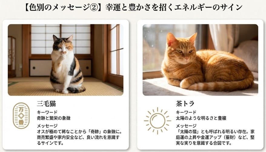 顔を洗う三毛猫と日向ぼっこをする茶トラの写真。三毛猫は「繁栄」、茶トラは「豊穣」を象徴するという解説スライド。